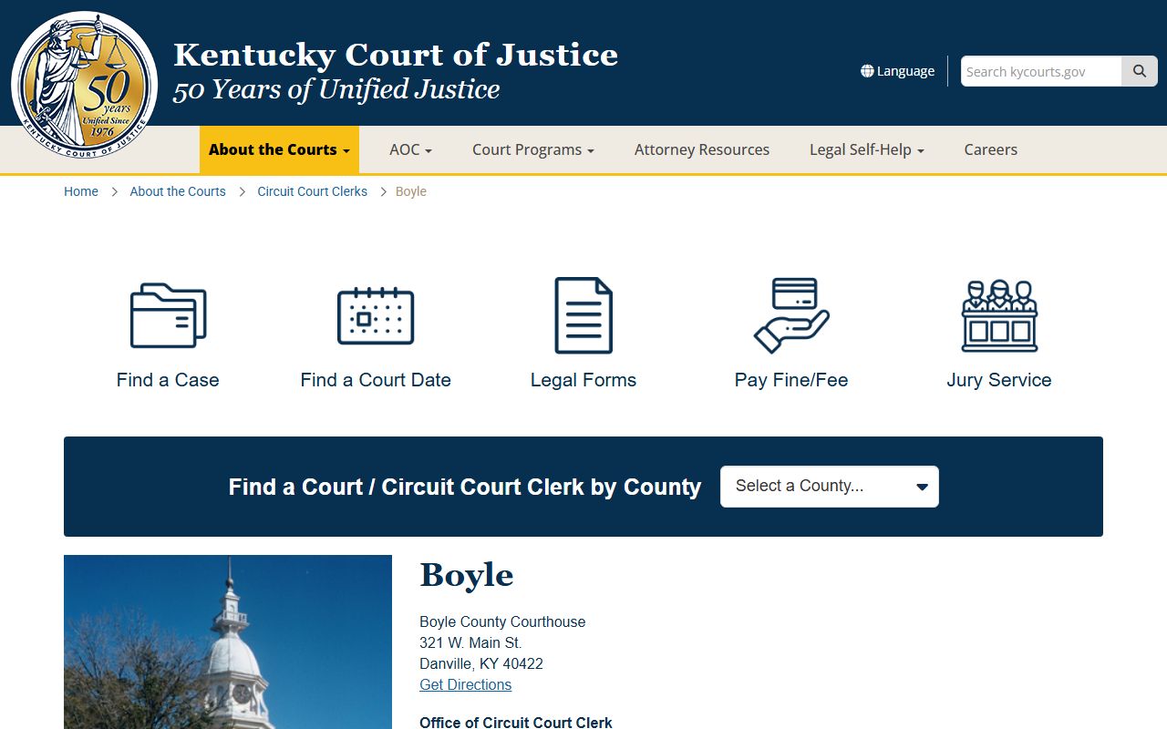 Kentucky Court of Justice Boyle County page showing court contact details