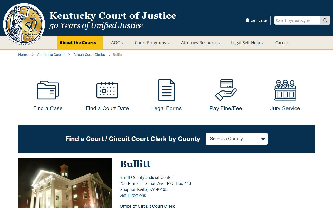 Bullitt County court information page showing judicial resources