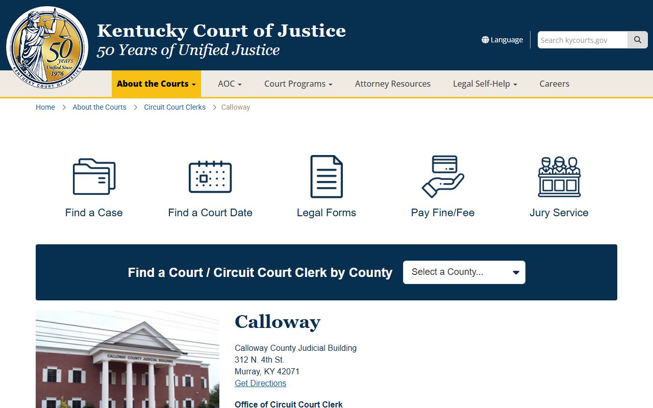 Kentucky Court of Justice Calloway County page showing court contact information