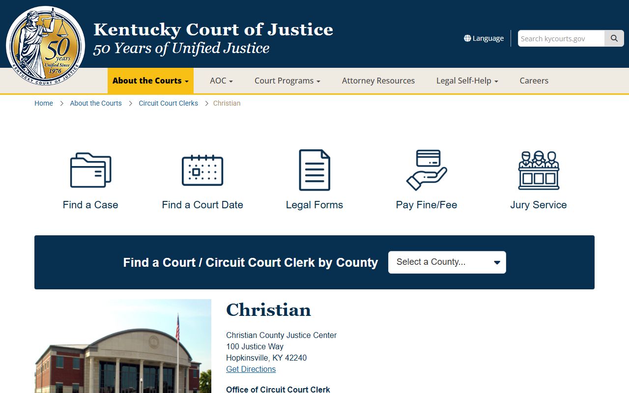 Christian County court information page showing judicial resources