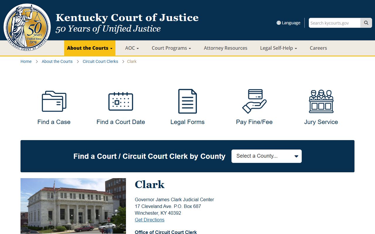 Kentucky Court of Justice Clark County information page showing court details