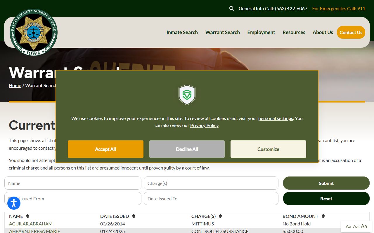 Fayette County Online Warrant Search Page