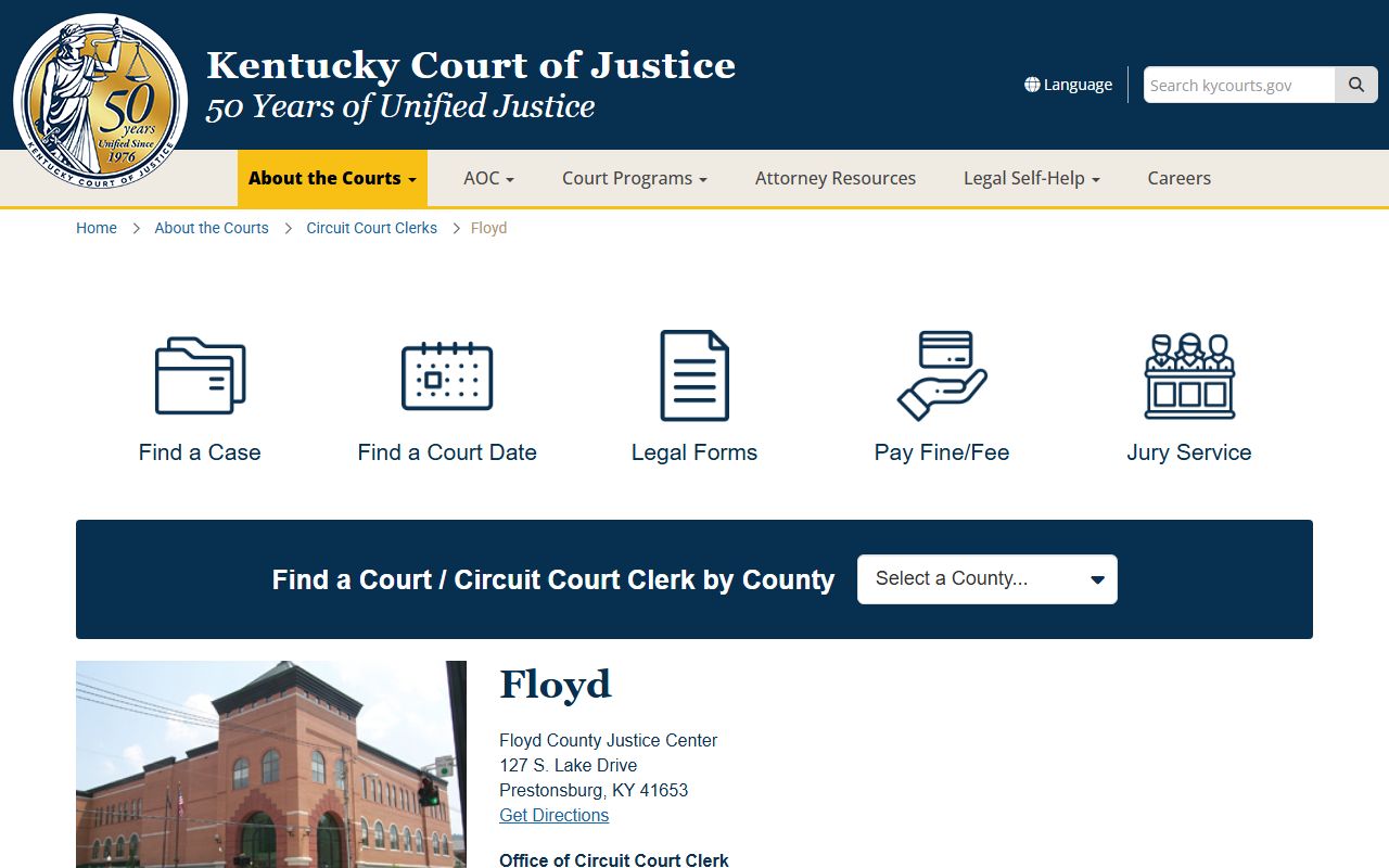 Kentucky Court of Justice Floyd County page showing court contact details