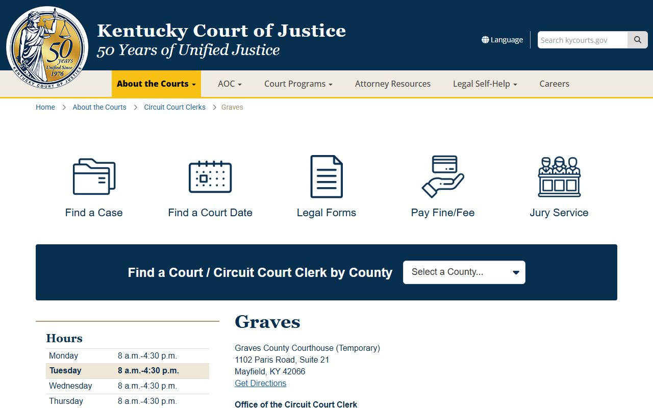 Kentucky Court of Justice Graves County page showing court contact details