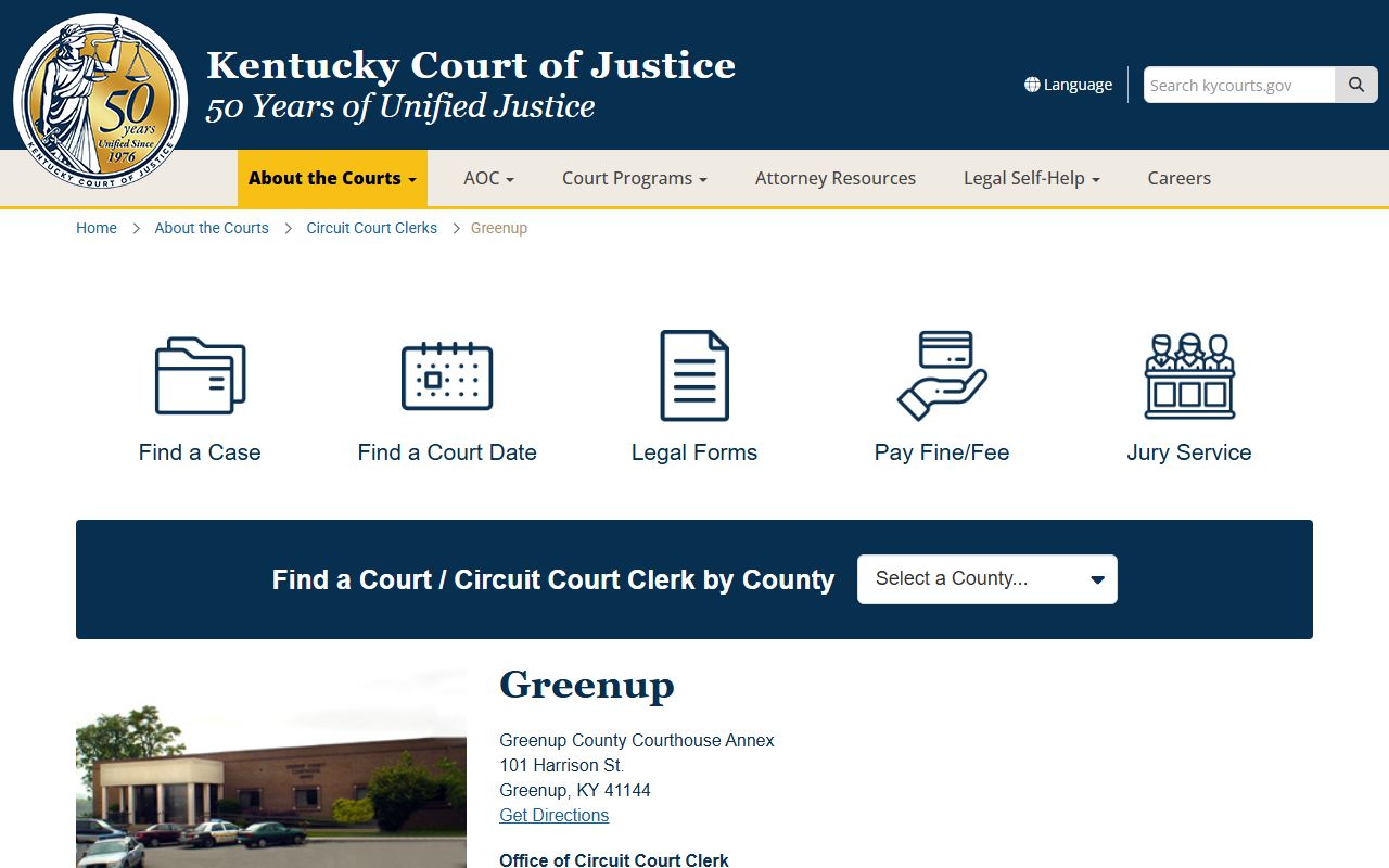 Kentucky Court of Justice Greenup County page showing court contact details