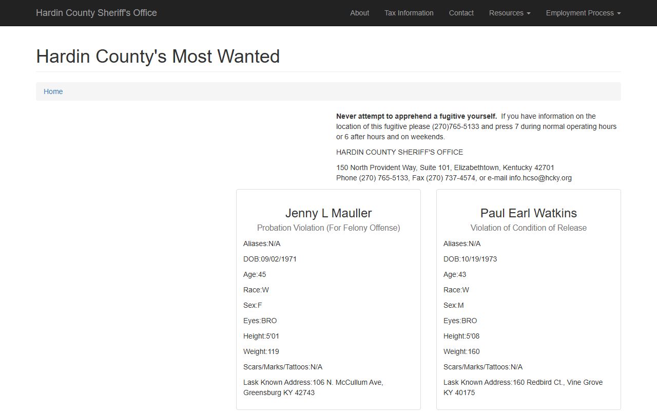 Hardin County Most Wanted List