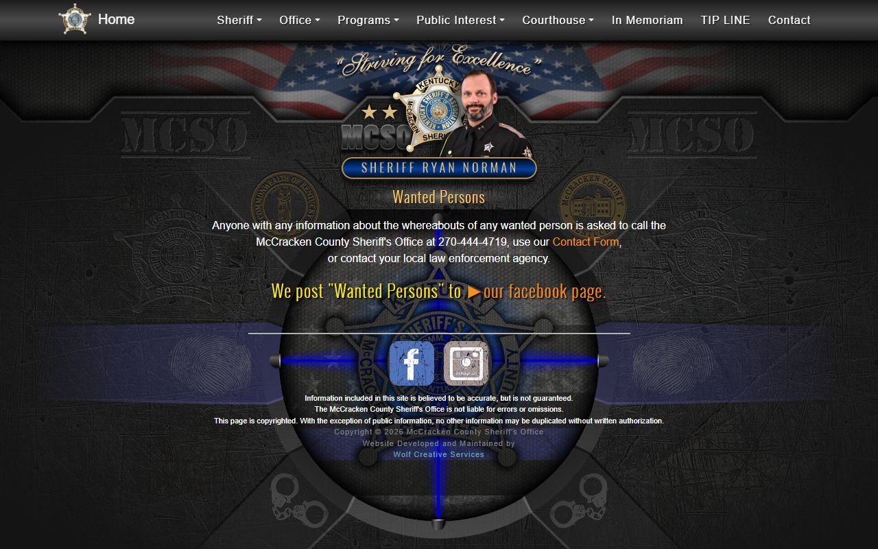 McCracken County Sheriff Wanted Persons page showing active warrant listings