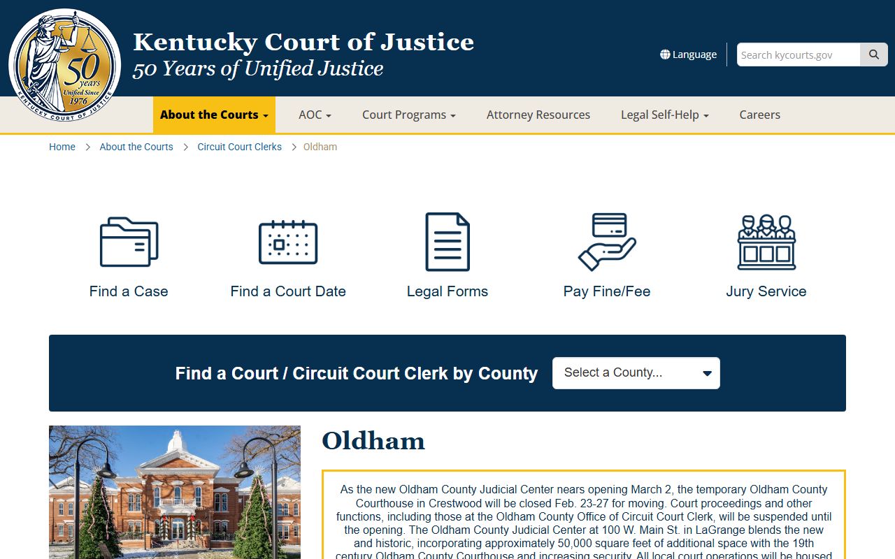 Oldham County court information page showing judicial resources