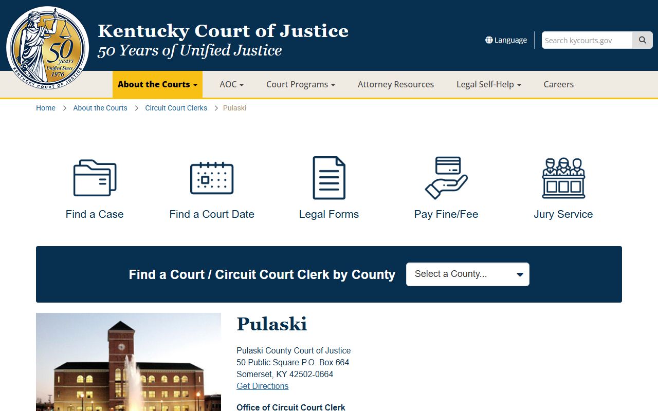 Pulaski County court information page showing judicial resources