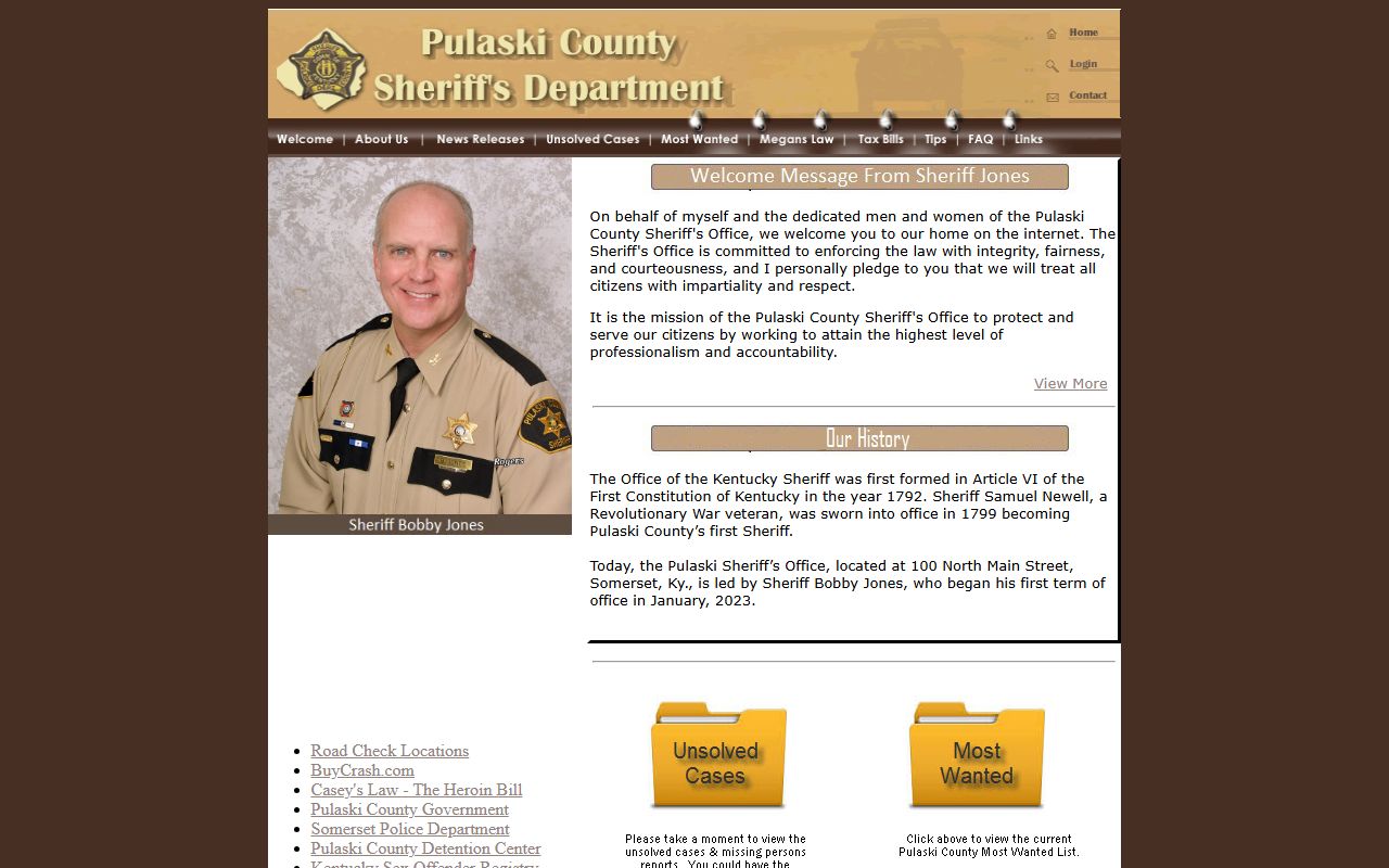 Pulaski County Sheriff's Office website showing law enforcement services