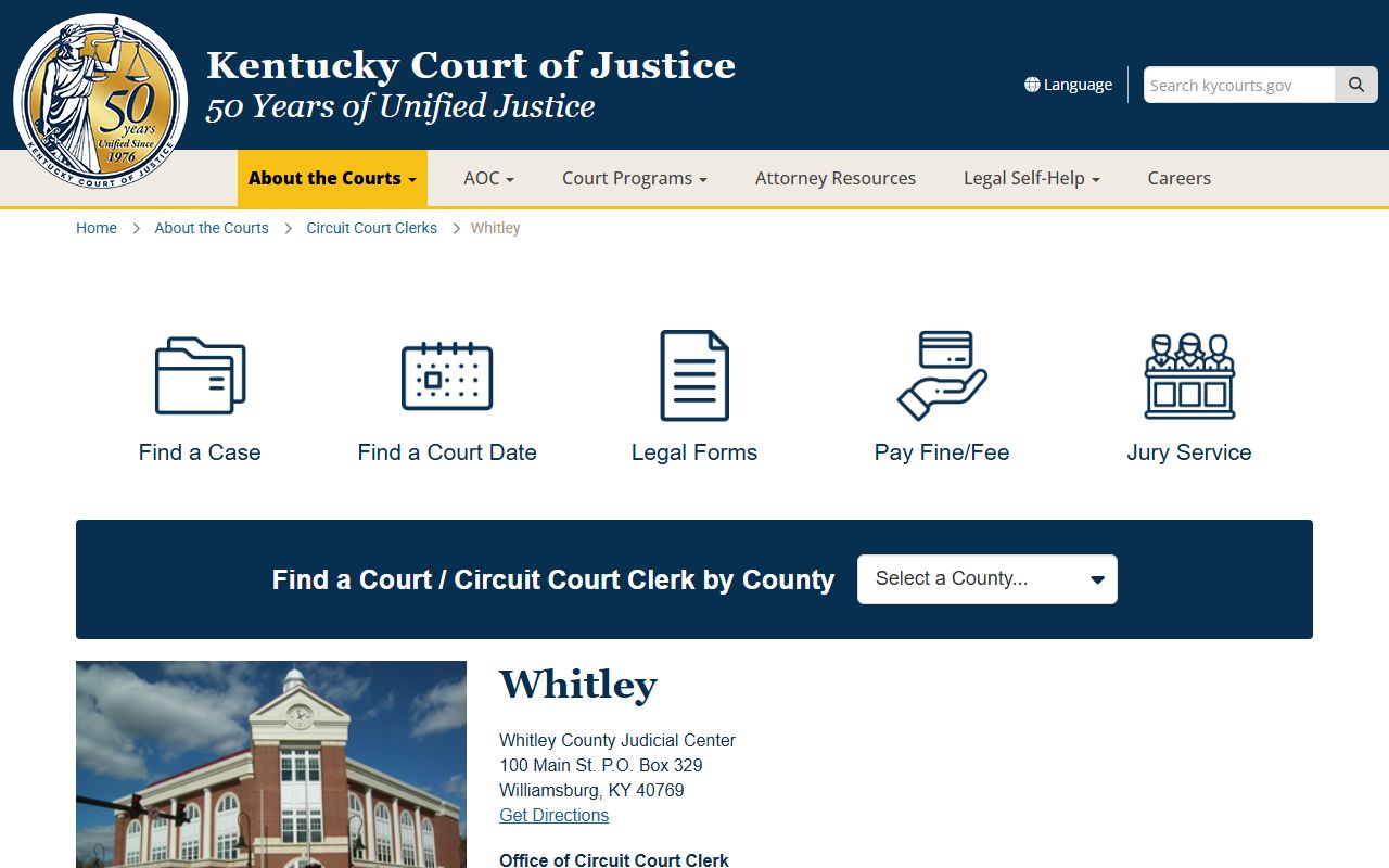 Kentucky Court of Justice Whitley County page showing court contact details