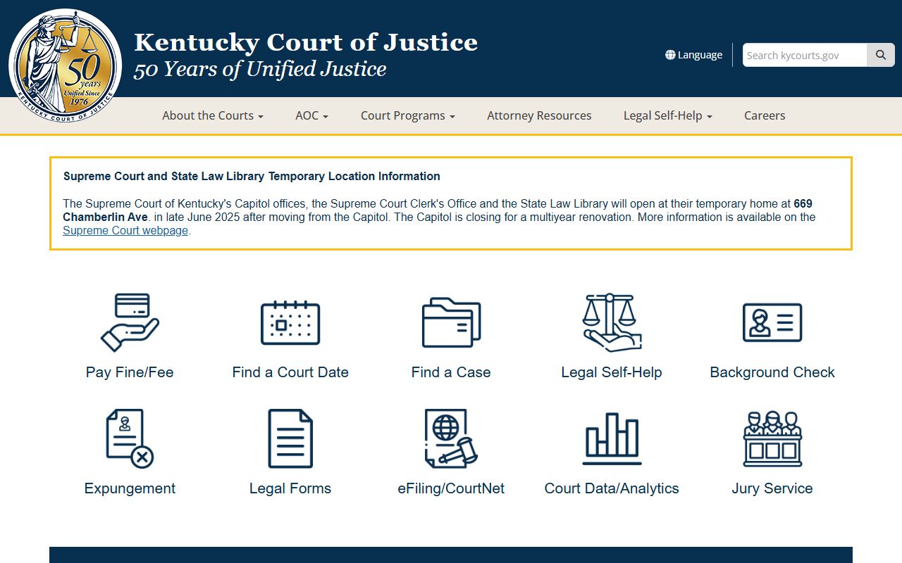 Kentucky Court of Justice homepage for bench warrant searches