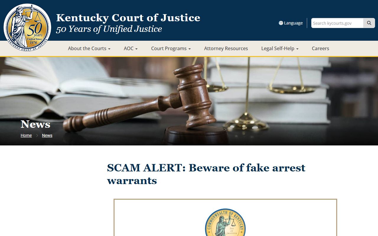 Kentucky Court of Justice scam alert page about fake warrants